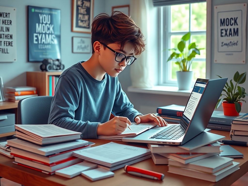 Мальчик с ноутбуком учится за столом, окружённый книгами и учебными материалами.