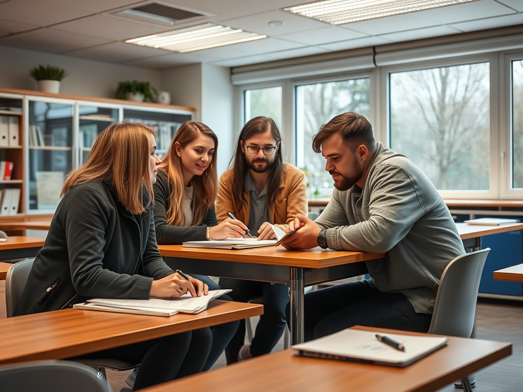 Четыре студента работают за столом, обсуждая проект и записывая заметки в учебном классе.