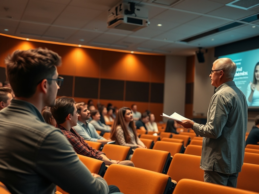 Преподаватель выступает перед аудиторией студентов на лекции в аудитории с оранжевыми креслами.