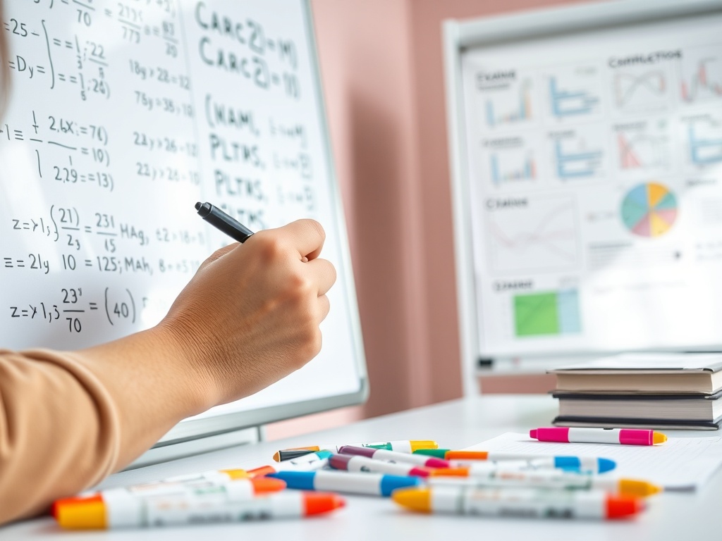 На изображении рука человека, пишущего на доске с математическими формулами. Вокруг маркеры и книги.