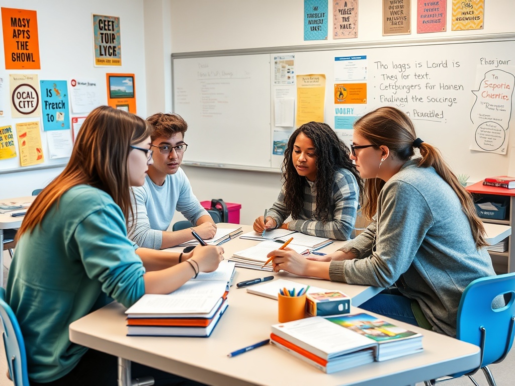 Четыре студента обсуждают проект за столом в классе, окружены тетрадями и учебниками.