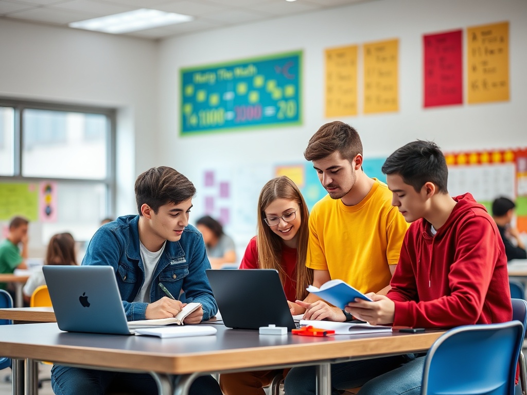 Четверо подростков учатся в классе, работают с ноутбуком и заметками, обсуждая учебный материал.