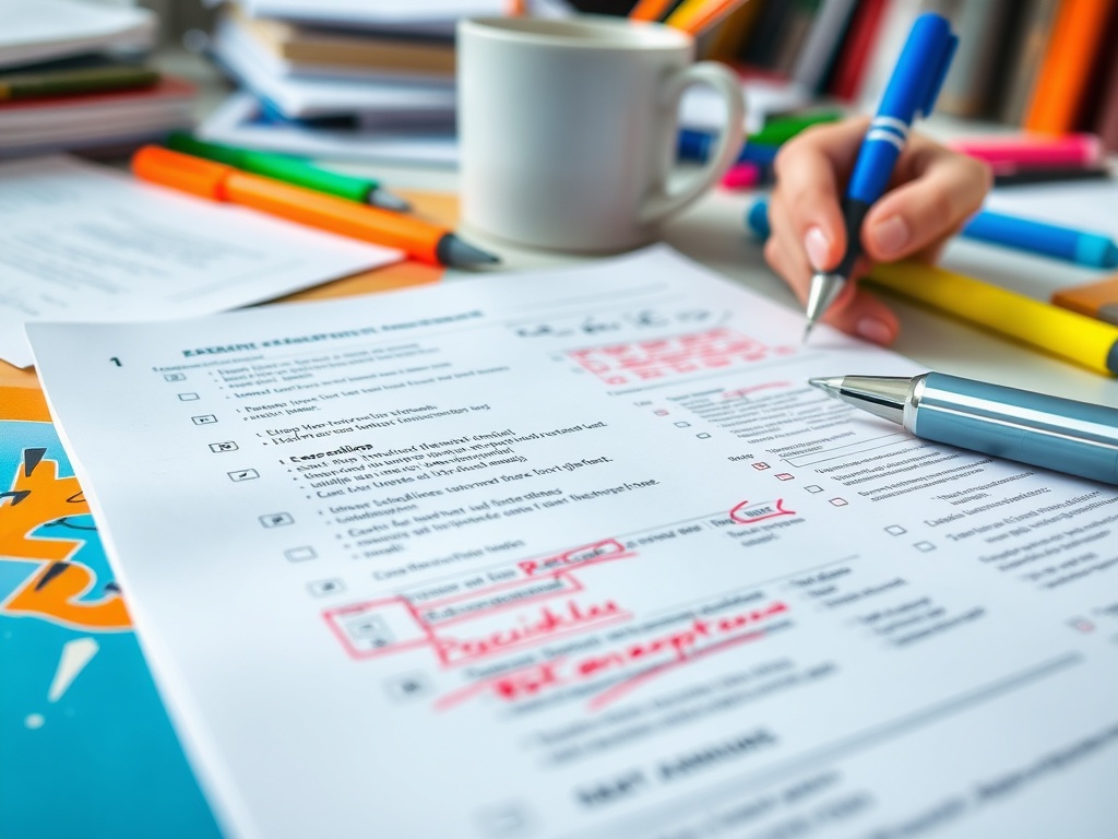 На столе бумаги с выделениями и ручками, чашка кофе, человек заполняет форму.