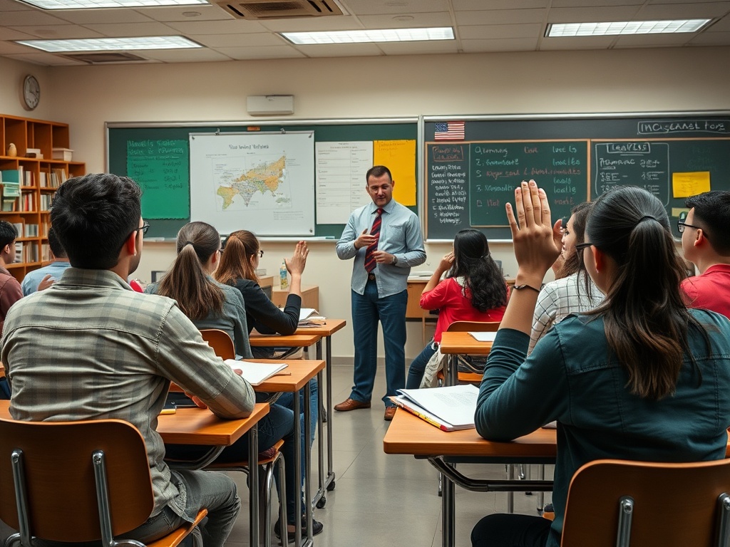 Учитель объясняет материал, студенты активно участвуют в обсуждении и задают вопросы в классе.