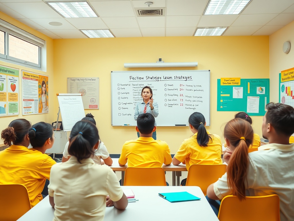 Учитель объясняет стратегии обучения в аудитории. Студенты внимательно слушают и записывают.